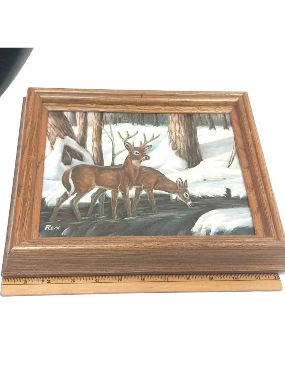 Bevel Framed Winter Forest Oil Painting With Deer Signed By Rex Hunting Lodge